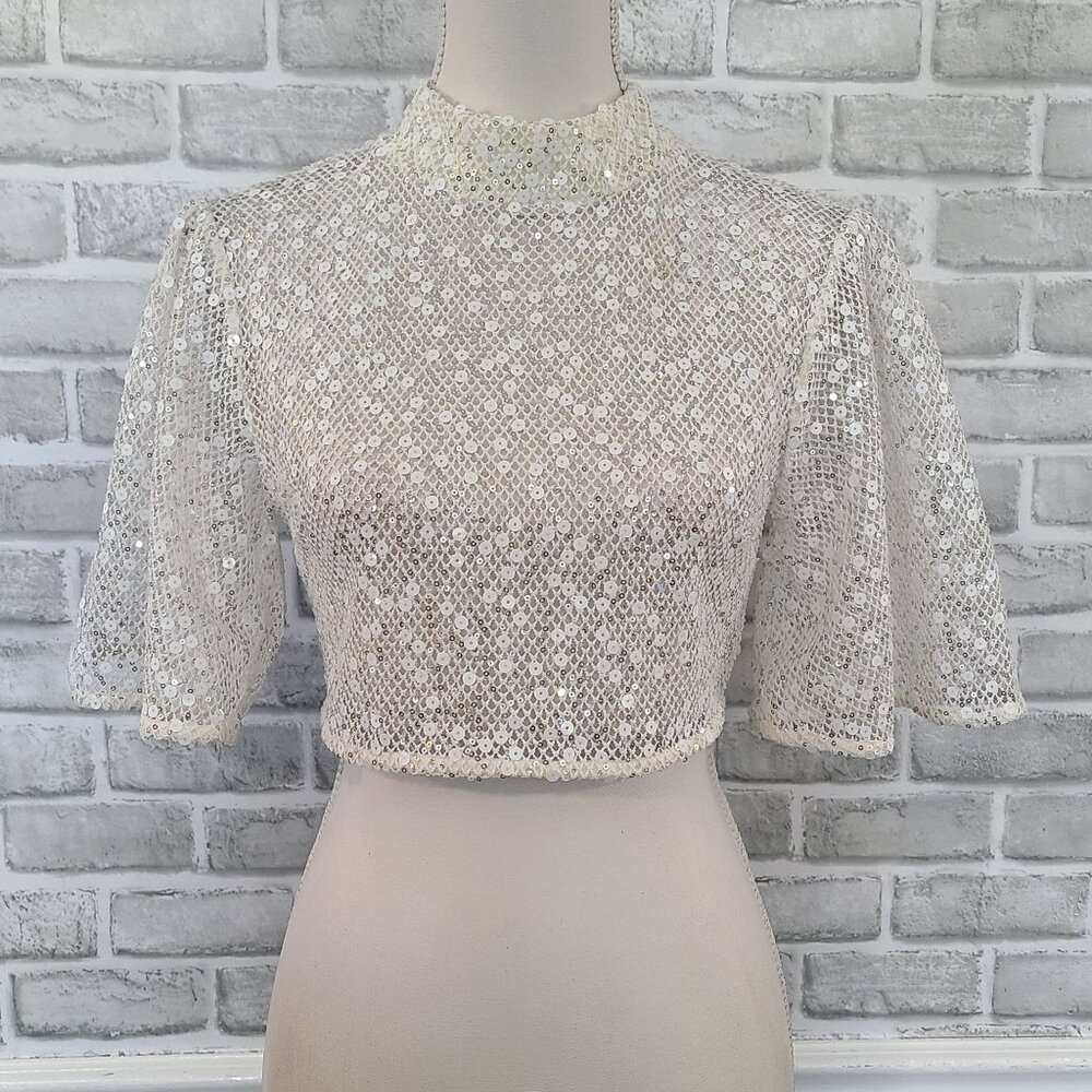 NBD Ibiza Sheer Mesh White Sequin Top Glam Crop NEW Womens Small Layering